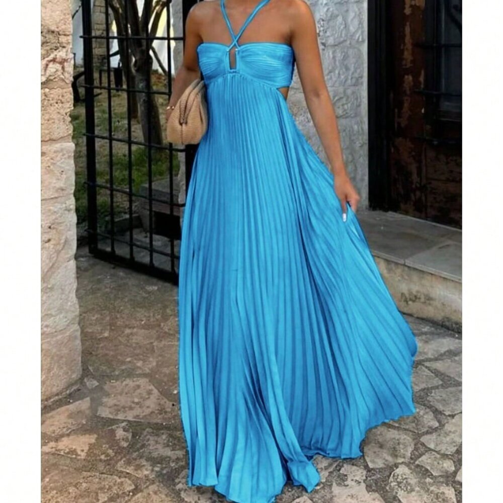 Blue Preppy Women's Spaghetti Straps Low Backless Flowy Maxi Sundress - Picture 1 of 1